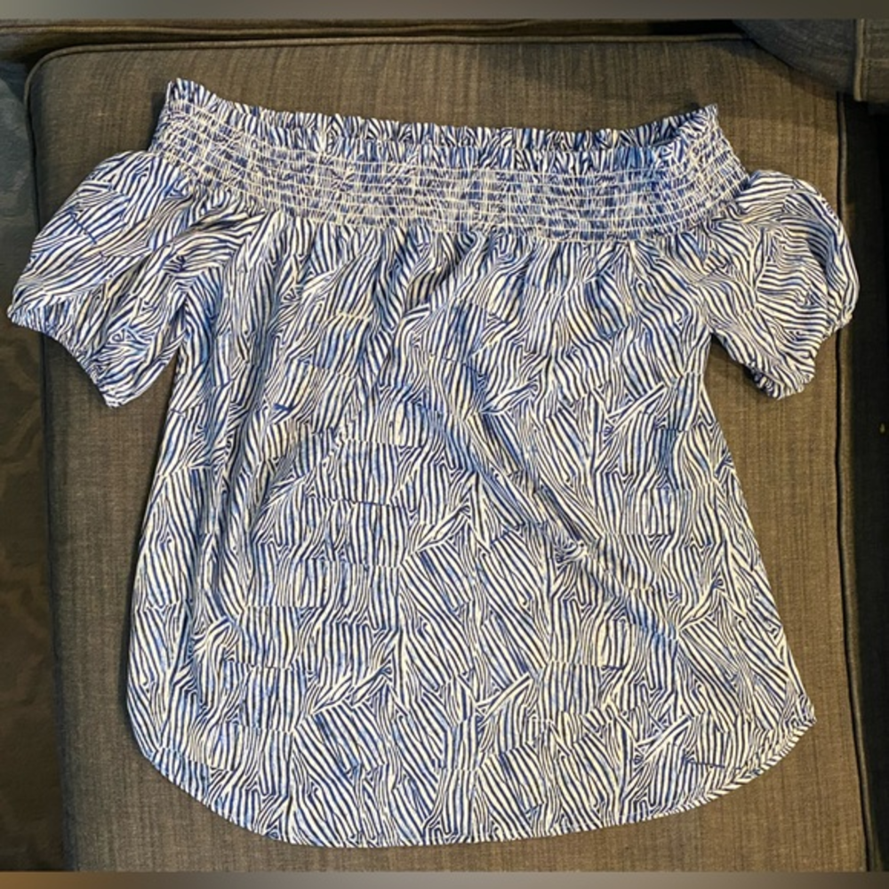 Women’s‎ Karen Kane Blue and White Print Off the Shoulder Top Size L